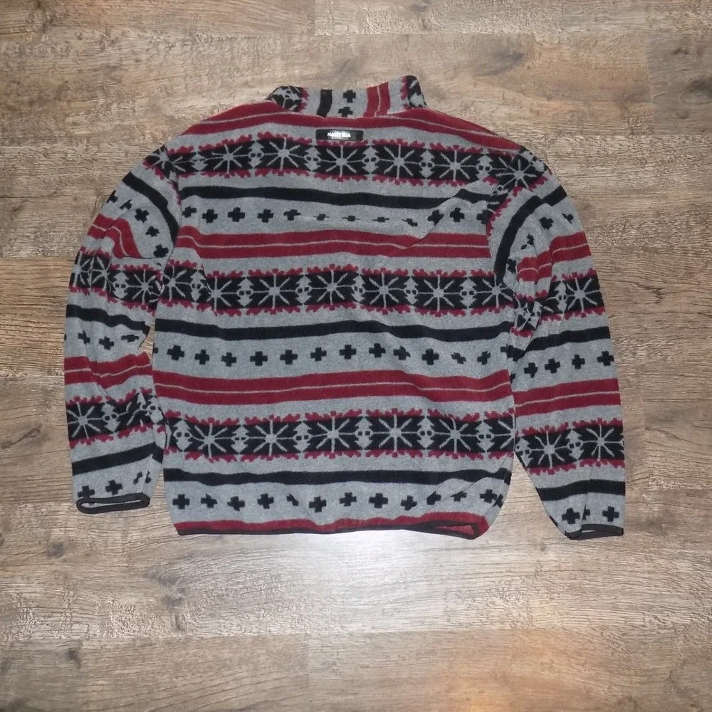 Nautica Fleece Quarter Zip Mens XL Grey Red Black Good Fair Isle Pullover